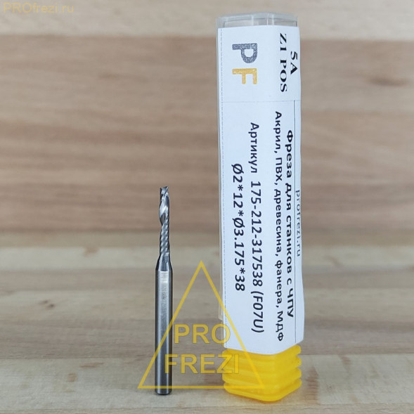 Фреза для фрезеровки пластиков, древесины, MDF Ø2*12*Ø3.175*38 Z1 5A Profrezi 175-212-317538 (F07U)