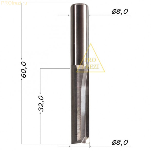 Прямая твердосплавная концевая фреза для древесины, фанеры, MDF Z2 HW Ø8*32*Ø8*60 Profrezi 113-832-860 (F30)