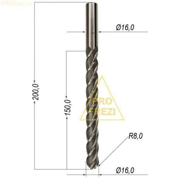 Фреза полусфера спиральная для пенопласта R8 Ø16*150*Ø16*200 Z4 950-16150-16200