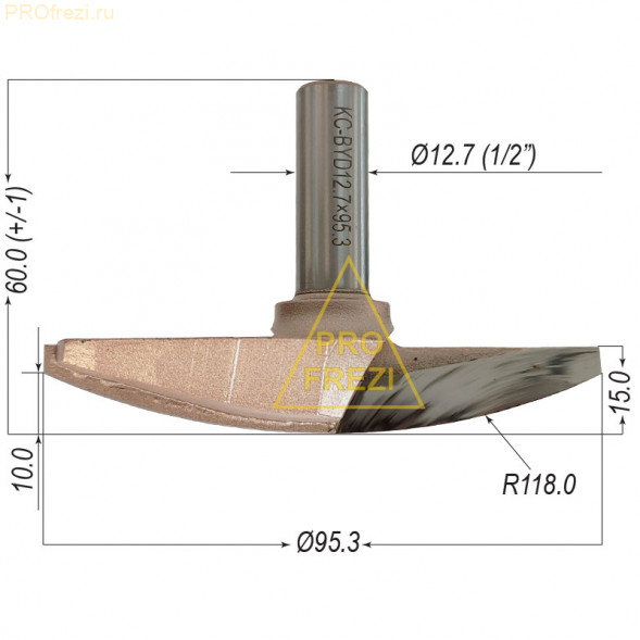 Фреза полукруглая фасонная радиусная KCM R118 Ø95,3*10*Ø12.7*60 для ручного фрезера и станков с ЧПУ по дереву
