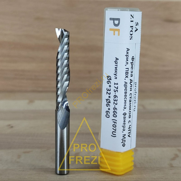 Фреза для фрезеровки пластиков, древесины, MDF Ø6*32*Ø6*60 Z1 5A Profrezi 175-632-660 (F07U)