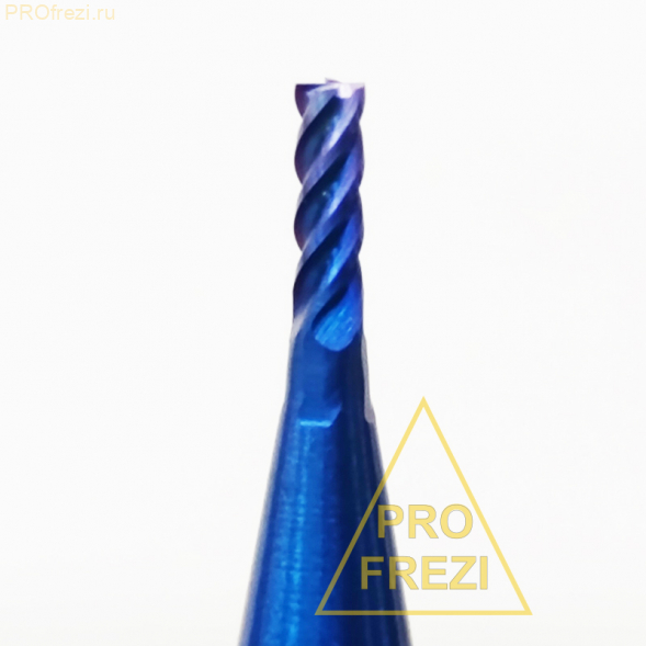 Спиральная твердосплавная фреза для стали Ø1*3*Ø4*50 Z4 покрытие NaCo Blue, HRC65, плоский торец, стружка вверх 150-14-450-HD 45°